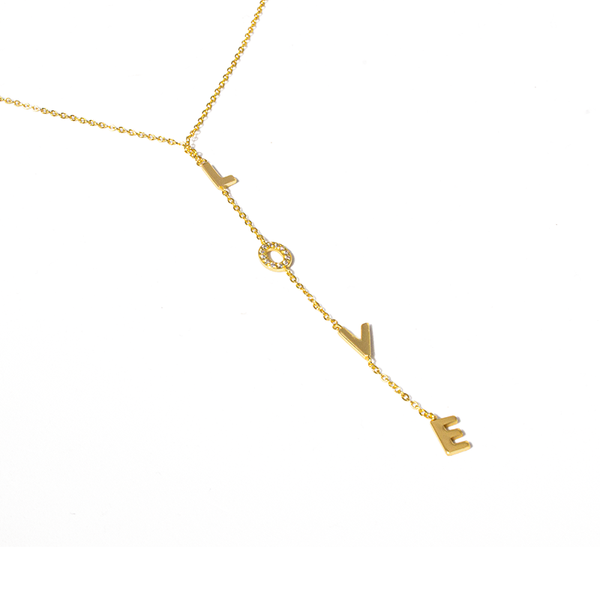 Collar largo con letras LOVE con zirconias terminado en chapa de oro de 14k